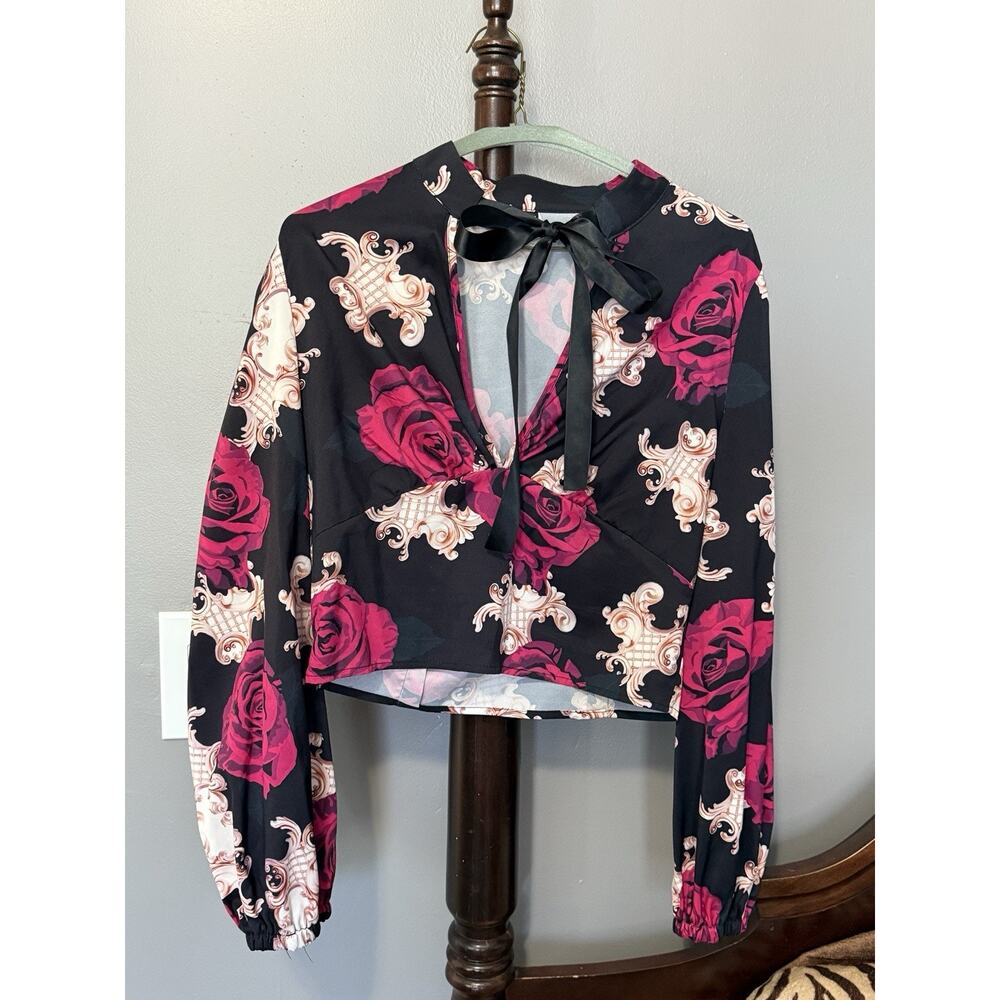 Shein Women's Blouse Shirt Top Size M Medium Pink Black White Long Sleeve